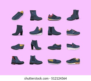 Set with different types of trend shoes. Collection of autumn, winter and spring shoes. Flat vector illustration