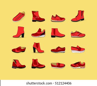 Set with different types of trend shoes. Collection of autumn, winter and spring shoes. Flat vector illustration