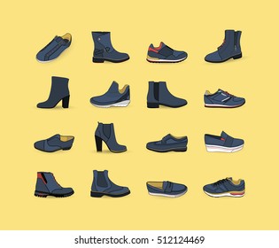 Set with different types of trend shoes. Vector set