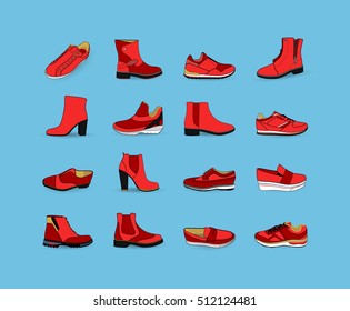 Set with different types of trend shoes: ballets, sneakers, boots, flats, pumps. Flat vector illustration