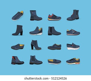 Set with different types of trend shoes. Vector illustration