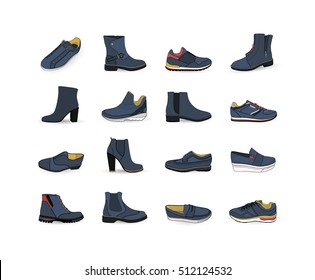 Set with different types of trend shoes. Vector illustration