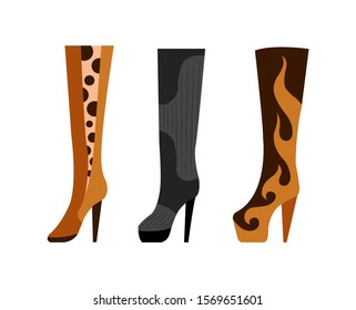 Set with different types of trend womens shoes. Color decorative design. Use for advertising shoe store or website. Flat vector illustration