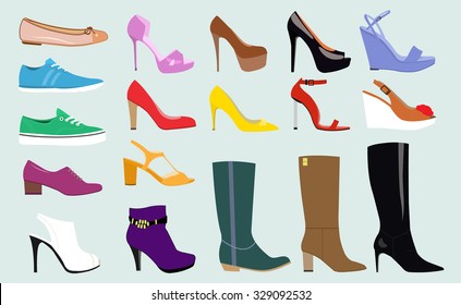 Set with different types of trend women's shoes: ballets, sneakers, boots, flats, pumps, converse. Flat vector illustration