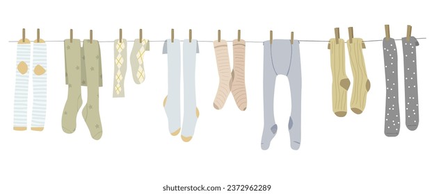 Set of different types underwear and socks hanging on a clothesline. Cute kid vector flat illustration.