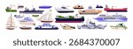 Set of different types of vessels. Big cargo ships with containers, small inflatable boats, sailboats, cruise liners, yachts and ferry tankers. Flat isolated vector illustrations on white background