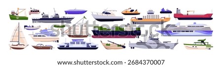 Set of different types of vessels. Big cargo ships with containers, small inflatable boats, sailboats, cruise liners, yachts and ferry tankers. Flat isolated vector illustrations on white background