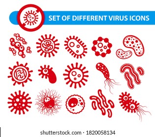 Set of different  types virus icons. (Corona virus -2019-nCoV). Vector viruses, microbes, pathogens, bacteria and germs red symbols. Vector flat style isolated on white background.