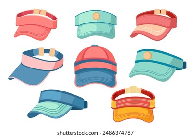 Juego de diferentes tipos de tapas de visera. Sombrero con borde curvo y una Ilustración vectorial de corona redonda aislada sobre fondo blanco