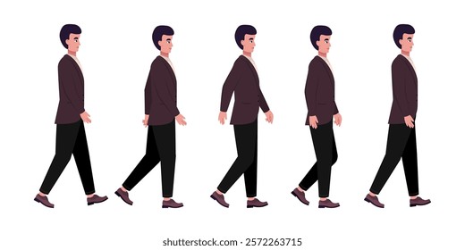 Set of different types of walking characters. A man is walking forward on an isolated background, stroll, movement. Vector set in a flat style