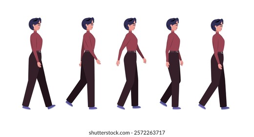 Set of different types of walking characters. A woman is walking forward on an isolated background, stroll, movement. Vector set in a flat style