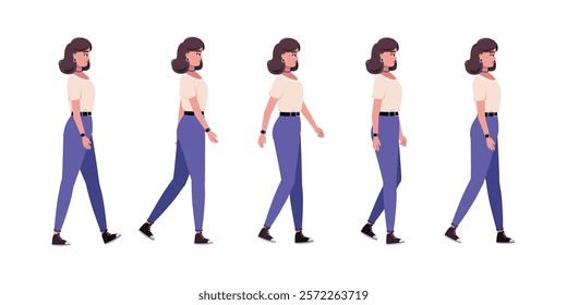 Set of different types of walking characters. A woman is walking forward on an isolated background, stroll, movement. Vector set in a flat style