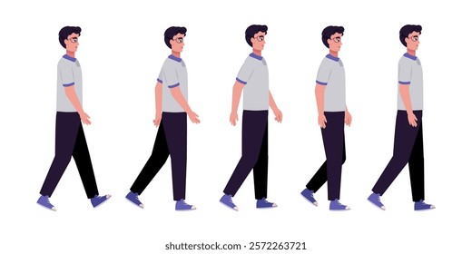 Set of different types of walking characters. A man is walking forward on an isolated background, stroll, movement. Vector set in a flat style