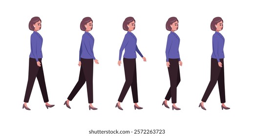 Set of different types of walking characters. A woman is walking forward on an isolated background, stroll, movement. Vector set in a flat style