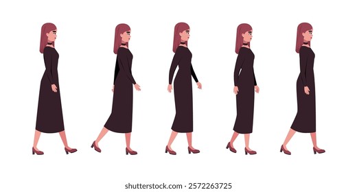 Set of different types of walking characters. A woman is walking forward on an isolated background, stroll, movement. Vector set in a flat style