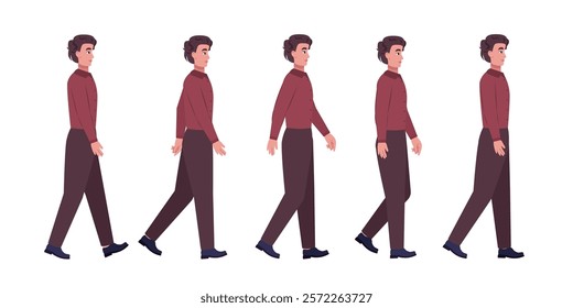 Set of different types of walking characters. A man is walking forward on an isolated background, stroll, movement. Vector set in a flat style