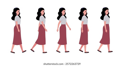 Set of different types of walking characters. A woman is walking forward on an isolated background, stroll, movement. Vector set in a flat style