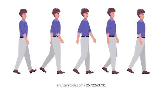 Set of different types of walking characters. A man is walking forward on an isolated background, stroll, movement. Vector set in a flat style