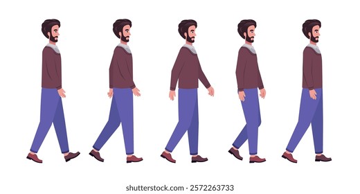 Set of different types of walking characters. A man is walking forward on an isolated background, stroll, movement. Vector set in a flat style