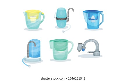 Set of different types of water filters. Vector illustration on a white background.