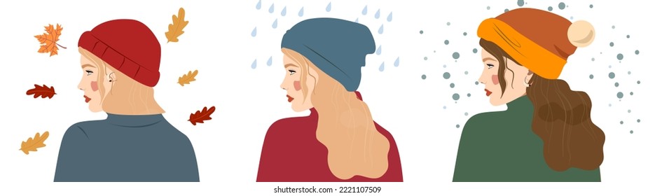 A set of different types of winter hats on women. Hats for autumn or winter of different styles and colours. Red hat. The woman wears a hat in different seasons. In the rain, the snow warms up warm 