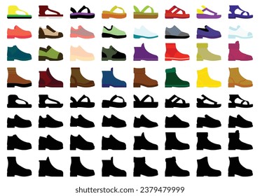 Set of different types of woman's shoes colored and silhouette, sneakers, boots, snow boot, flat vector illustration isolated