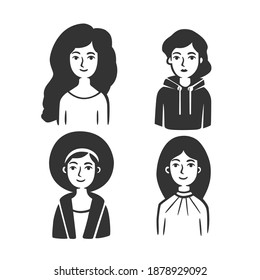 Set of different types of women. Vector illustration. Black and white vector objects.