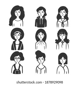 Set of different types of women. Vector illustration. Black and white vector objects.