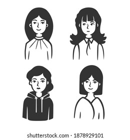 Set of different types of women. Vector illustration. Black and white vector objects.