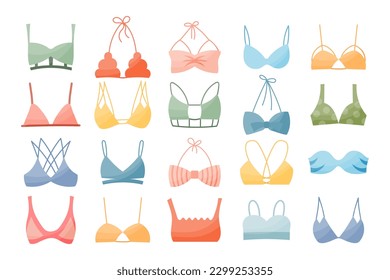 Set of different types of women's bras. Colorful icons, vector