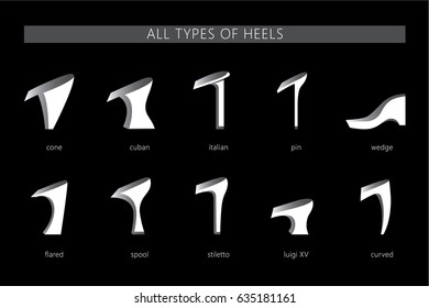 Set with different types of women's heels. Vector set. All types of silhouettes heels.