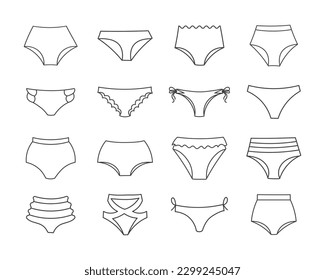 Set of different types of women's panties, swimming trunks. Line drawing, sketch, icons, vector