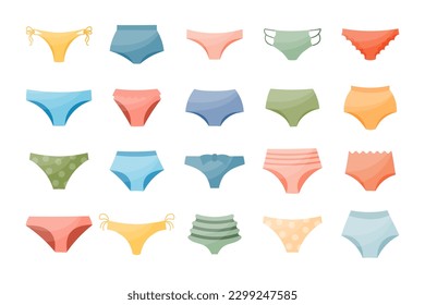 Set of different types of women's panties, swimming trunks. Colorful icons, vector