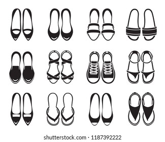 Set Of Different Types Of Women's Shoes Pair, Monochrome, Top View, Footwear, Fashion, Objects