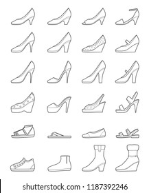 Set Of Different Types Of Women's Shoes, Outline, Side View, Footwear, Fashion, Objects