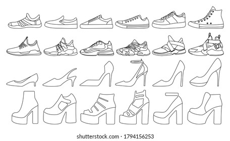 Set von verschiedenen Arten von Frauenschuhen. Skizze von Frauenmode-Schuhen. Seitenansicht von Schuhen mit hohen Absätzen und Sportschuhen.