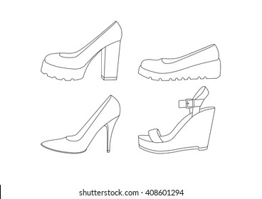 Set with different types of women's  shoes.