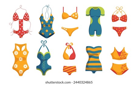 Set von verschiedenen Typen Damen Badebekleidung. Bademode-Kollektion. Split, Einteiler und Sport Badeanzug. Vektor-Illustration isoliert auf weißem Hintergrund