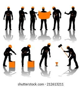 set of different types of workers. all in black and oranfe color