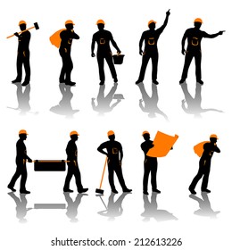 set of different types of workers. all in black and oranfe color