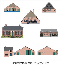 Set of different typical Dutch farmhouses. Colored drawings of front view traditional buildings