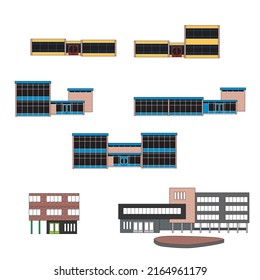 Conjunto de diferentes edificios escolares típicos holandeses. Dibujos coloreados de la vista frontal