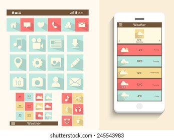 Set of different UI flat Web and Weather Icons or elements for Mobile Apps and Website Design.