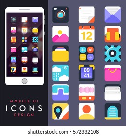 Set of different UI symbols with smartphone presentation for mobile apps.
