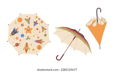Set of different umbrellas for adults and children various positions isolated on white background