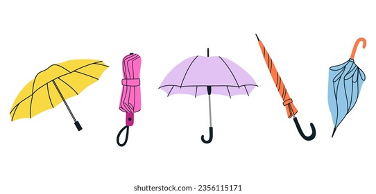 Set of different Umbrellas .Open and folded umbrellas.Protecting accessories.