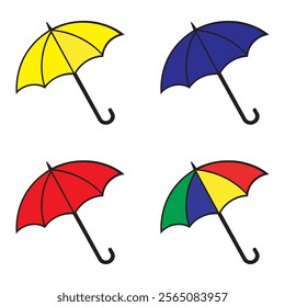 Set of different Umbrellas. Open umbrellas. Muted colors. Hand drawn colored Vector illustration. Cartoon style. Design templates. All elements are isolated. Umbrella icon