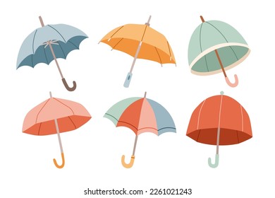 Set of different Umbrellas. Open umbrellas. Various prints. Hand drawn colored Vector illustration. Flat style.