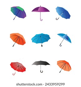 Set of different Umbrellas. Open umbrellas. Various prints. colored Vector illustration. Flat style.