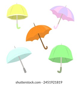 Set of different Umbrellas. Open umbrellas. Various prints. Hand drawn colored Vector illustration. Flat style.